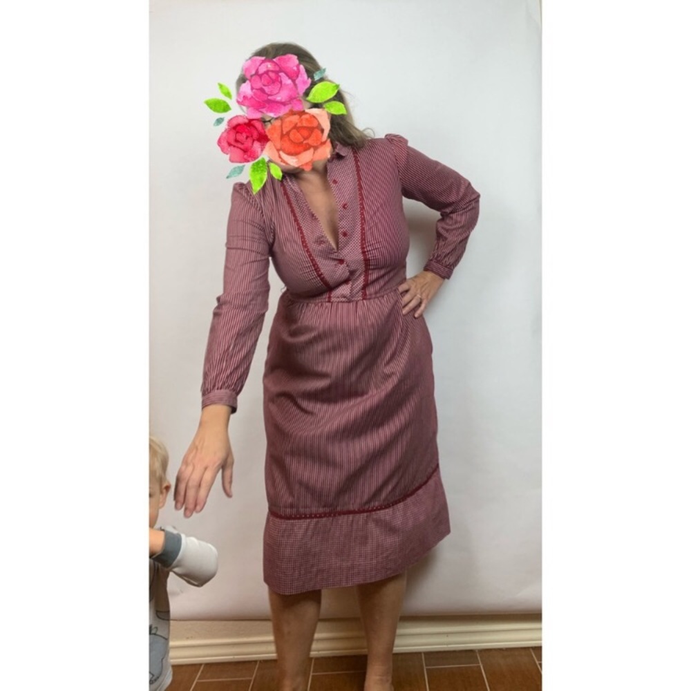 Vintage Lanz Dress Burgundy Stripe Midi Medium - Picture 2 of 15